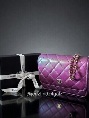 Chanel Iridescent Purple Quilted Lambskin Mini Wallet on Chain WOC NWT Full Set